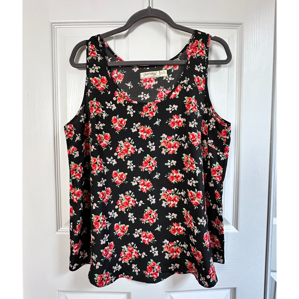 Faded Glory Womens Large 12-14 Black w Red Floral Rose Print Tank Top Whimsigoth